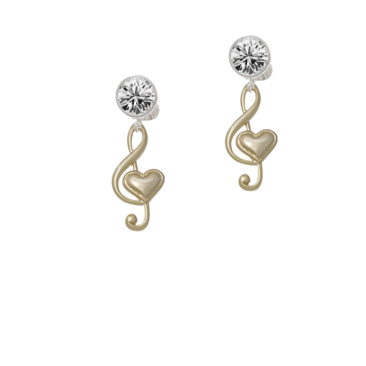 Large Gold Tone Clef with Heart Crystal Clip On Earrings Image 1