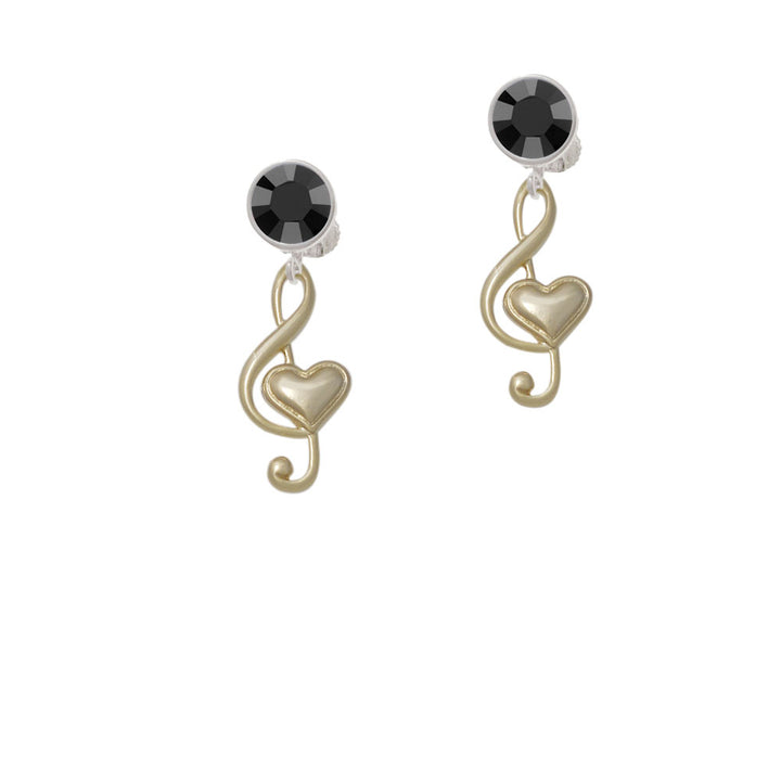 Large Gold Tone Clef with Heart Crystal Clip On Earrings Image 3