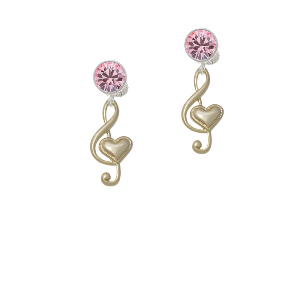 Large Gold Tone Clef with Heart Crystal Clip On Earrings Image 4