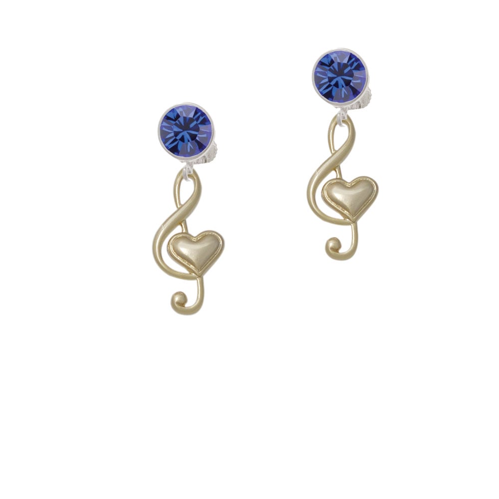 Large Gold Tone Clef with Heart Crystal Clip On Earrings Image 1