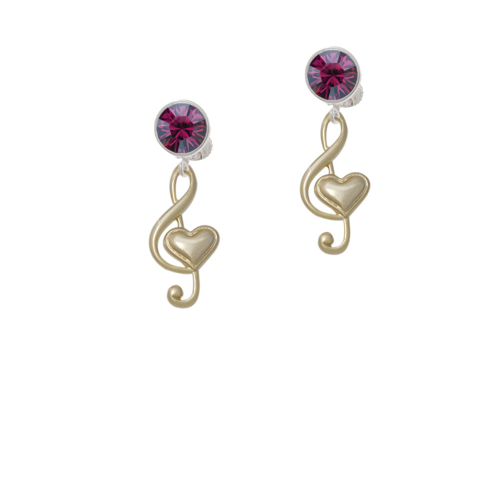 Large Gold Tone Clef with Heart Crystal Clip On Earrings Image 8