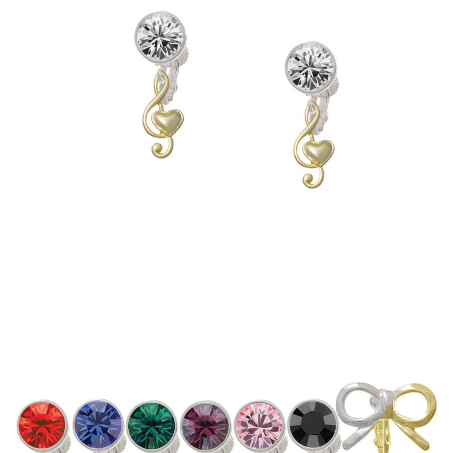 Medium Gold Tone Clef with Heart Crystal Clip On Earrings Image 1