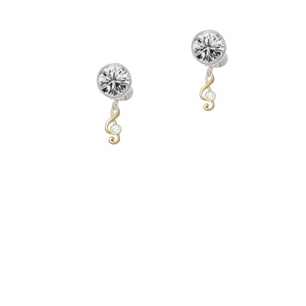 Mini Gold Tone Clef with Crystal Crystal Clip On Earrings Image 2