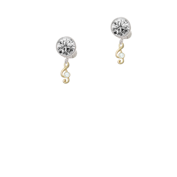 Mini Gold Tone Clef with Crystal Crystal Clip On Earrings Image 2