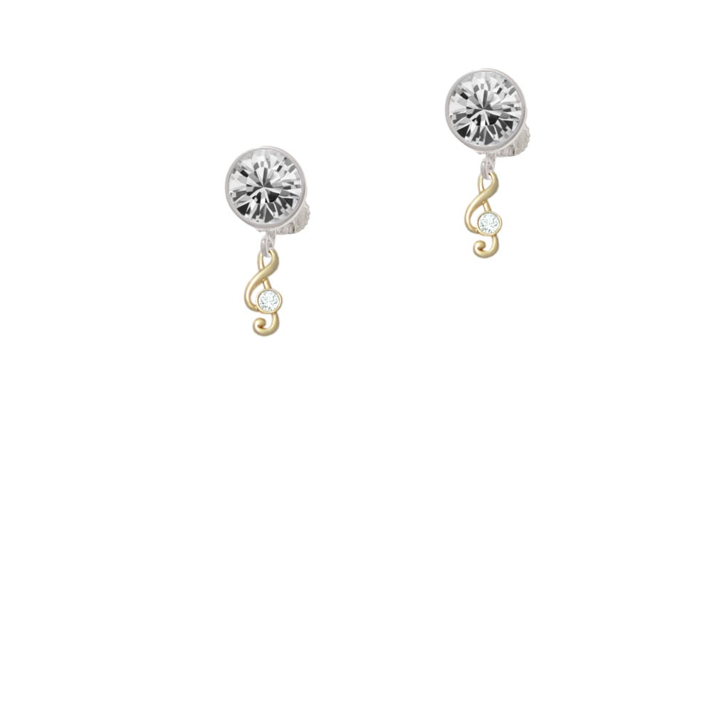 Mini Gold Tone Clef with Crystal Crystal Clip On Earrings Image 1