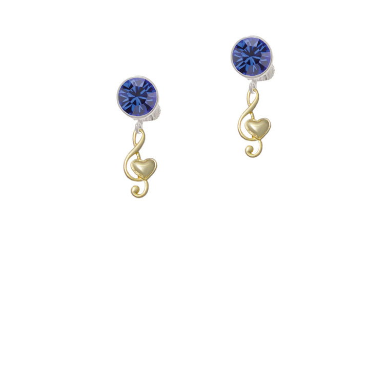 Medium Gold Tone Clef with Heart Crystal Clip On Earrings Image 7