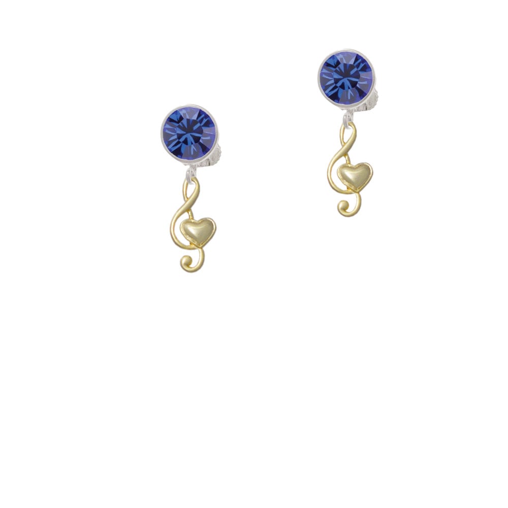 Medium Gold Tone Clef with Heart Crystal Clip On Earrings Image 1