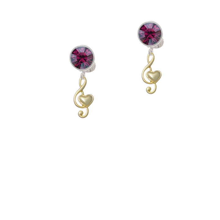 Medium Gold Tone Clef with Heart Crystal Clip On Earrings Image 8