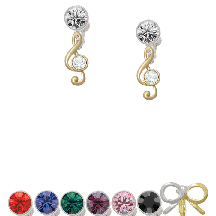 Medium Gold Tone Clef with Crystal Crystal Clip On Earrings Image 1