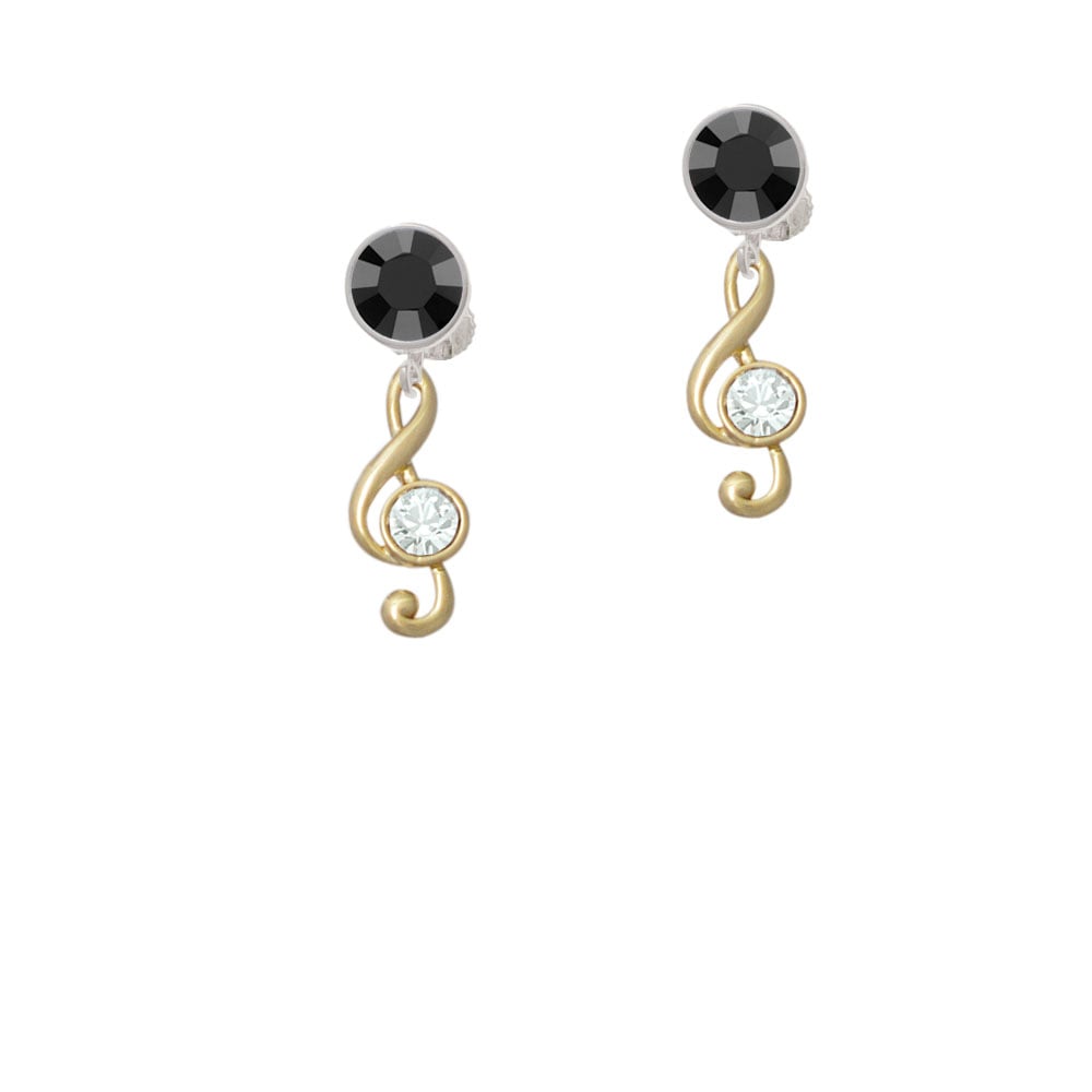 Medium Gold Tone Clef with Crystal Crystal Clip On Earrings Image 3