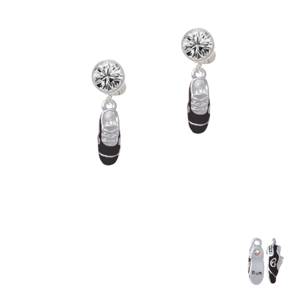 3-D Black Running Shoe Crystal Clip On Earrings Image 2