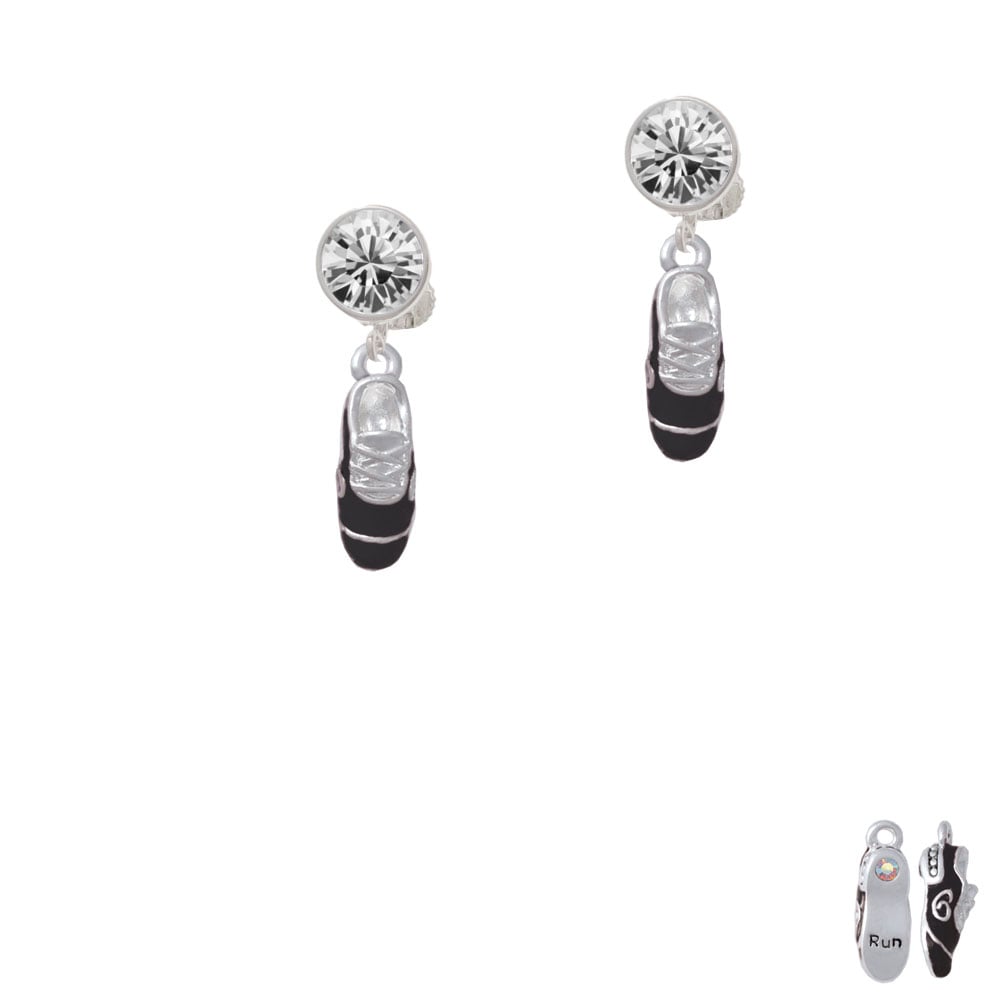 3-D Black Running Shoe Crystal Clip On Earrings Image 1