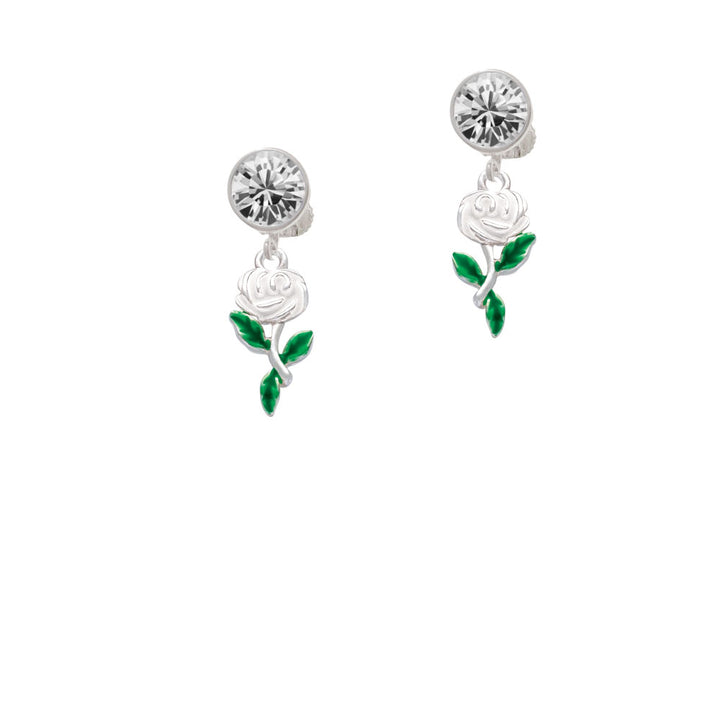 White Rose Flower Crystal Clip On Earrings Image 2