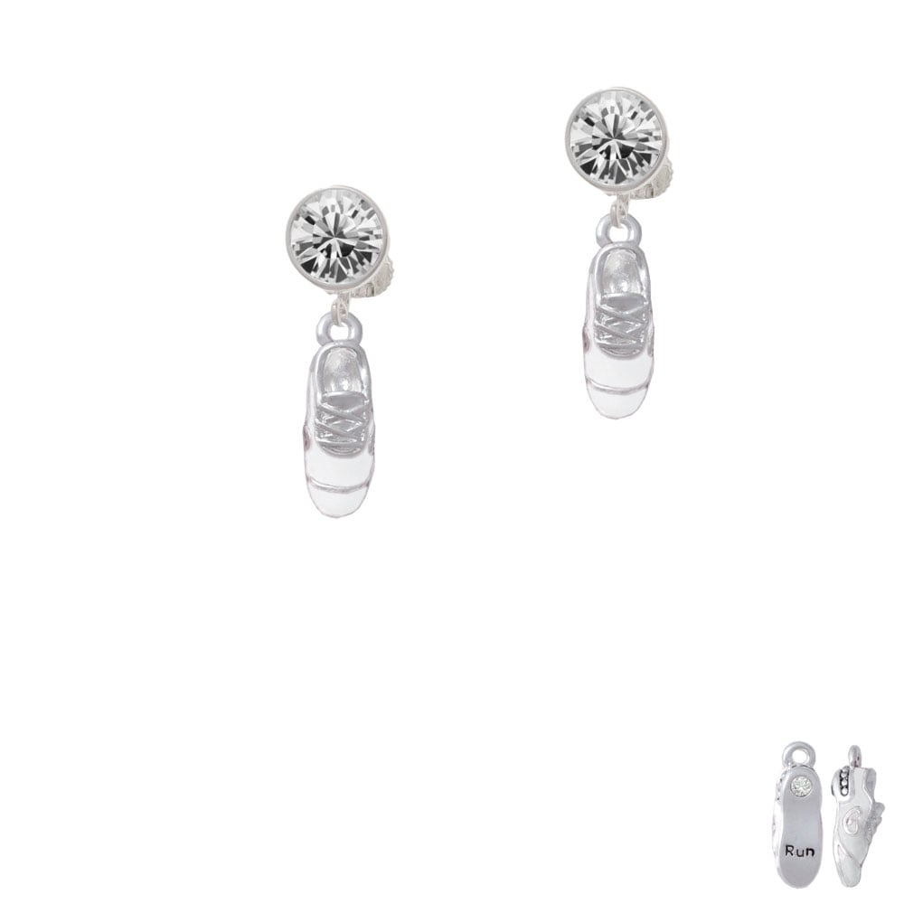 3-D White Running Shoe Crystal Clip On Earrings Image 1