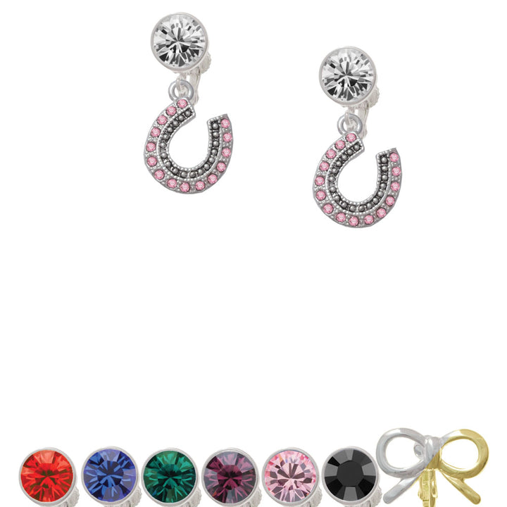 Beaded Pink Crystal Horseshoe with Good Luck Crystal Clip On Earrings Image 1