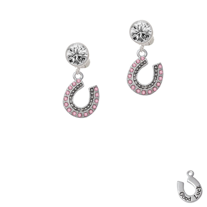 Beaded Pink Crystal Horseshoe with Good Luck Crystal Clip On Earrings Image 2