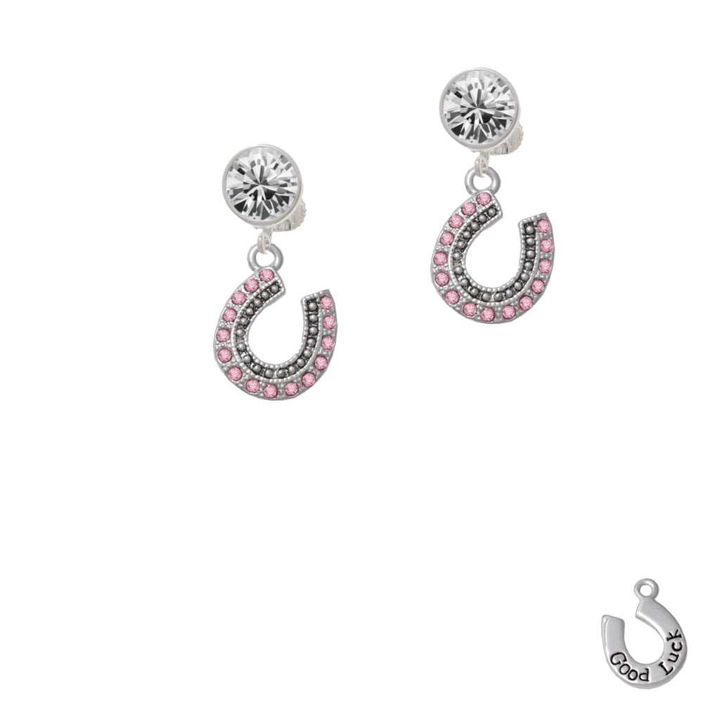 Beaded Pink Crystal Horseshoe with Good Luck Crystal Clip On Earrings Image 1