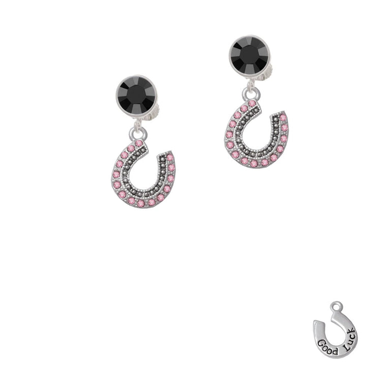 Beaded Pink Crystal Horseshoe with Good Luck Crystal Clip On Earrings Image 3