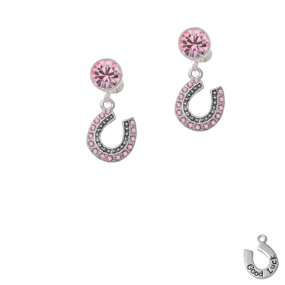 Beaded Pink Crystal Horseshoe with Good Luck Crystal Clip On Earrings Image 4