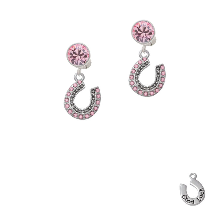 Beaded Pink Crystal Horseshoe with Good Luck Crystal Clip On Earrings Image 1