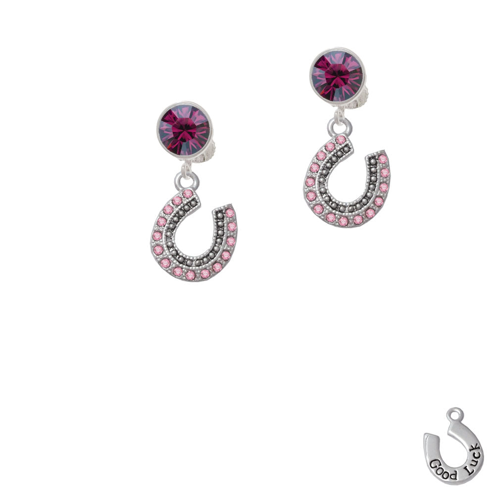 Beaded Pink Crystal Horseshoe with Good Luck Crystal Clip On Earrings Image 8