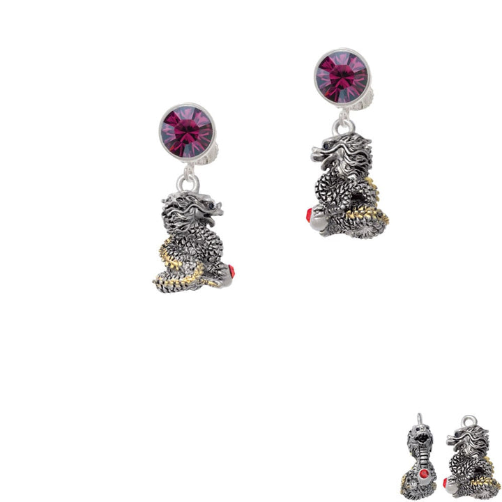 Dragon with Gold Tone Scales and Red Crystals Crystal Clip On Earrings Image 1