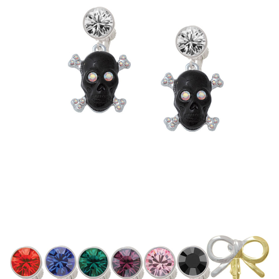 Large Black Resin Skull with AB Crystals Crystal Clip On Earrings Image 1