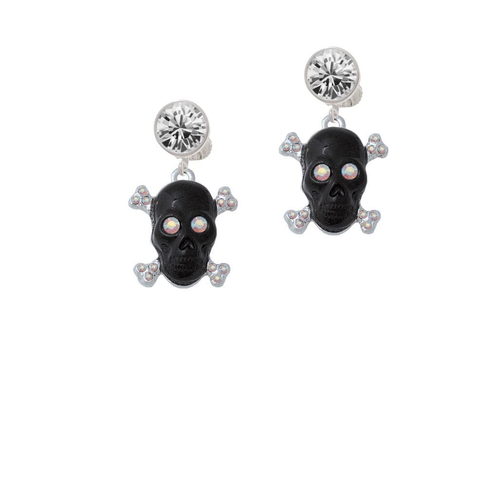 Large Black Resin Skull with AB Crystals Crystal Clip On Earrings Image 1