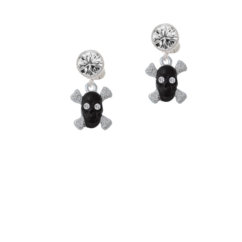 Small Black Resin Skull with Clear Crystals Crystal Clip On Earrings Image 2