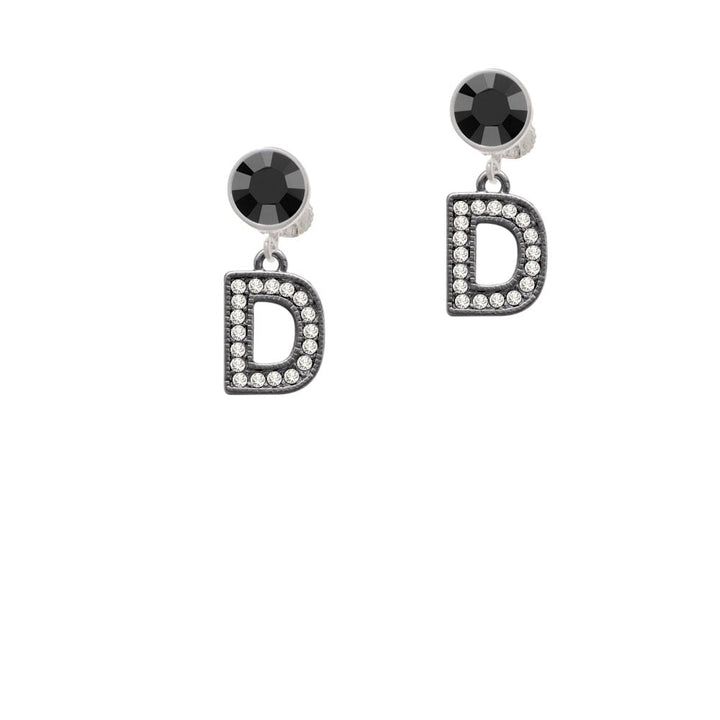 Crystal Black Initial - D - Beaded Border - Crystal Clip On Earrings Image 1