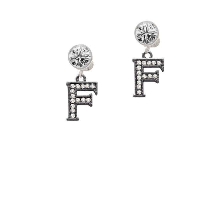 Crystal Black Initial - F - Beaded Border - Crystal Clip On Earrings Image 2