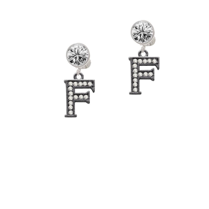 Crystal Black Initial - F - Beaded Border - Crystal Clip On Earrings Image 1