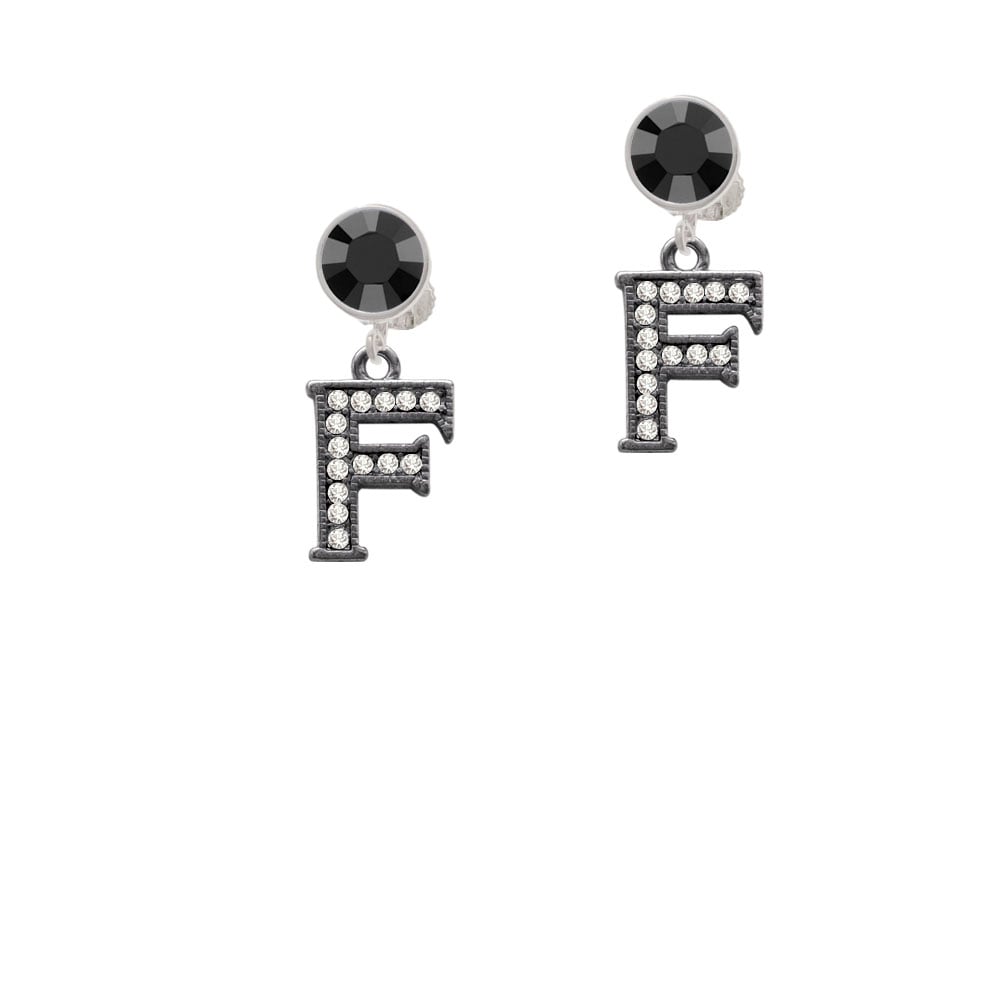 Crystal Black Initial - F - Beaded Border - Crystal Clip On Earrings Image 1