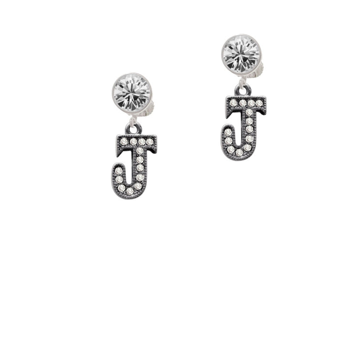 Crystal Black Initial - J - Beaded Border - Crystal Clip On Earrings Image 2