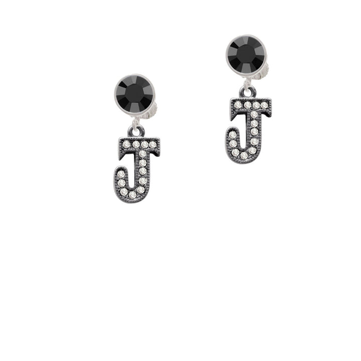 Crystal Black Initial - J - Beaded Border - Crystal Clip On Earrings Image 3