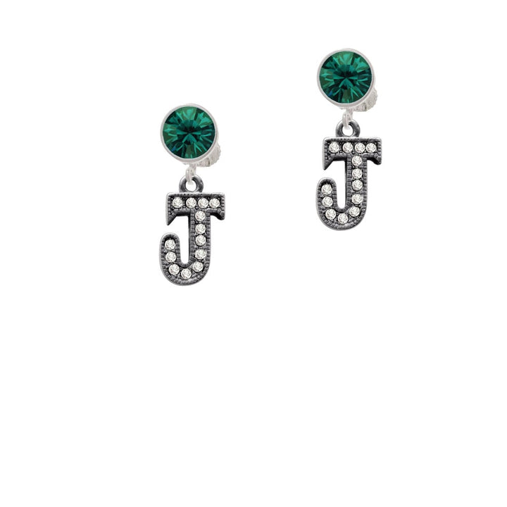 Crystal Black Initial - J - Beaded Border - Crystal Clip On Earrings Image 1