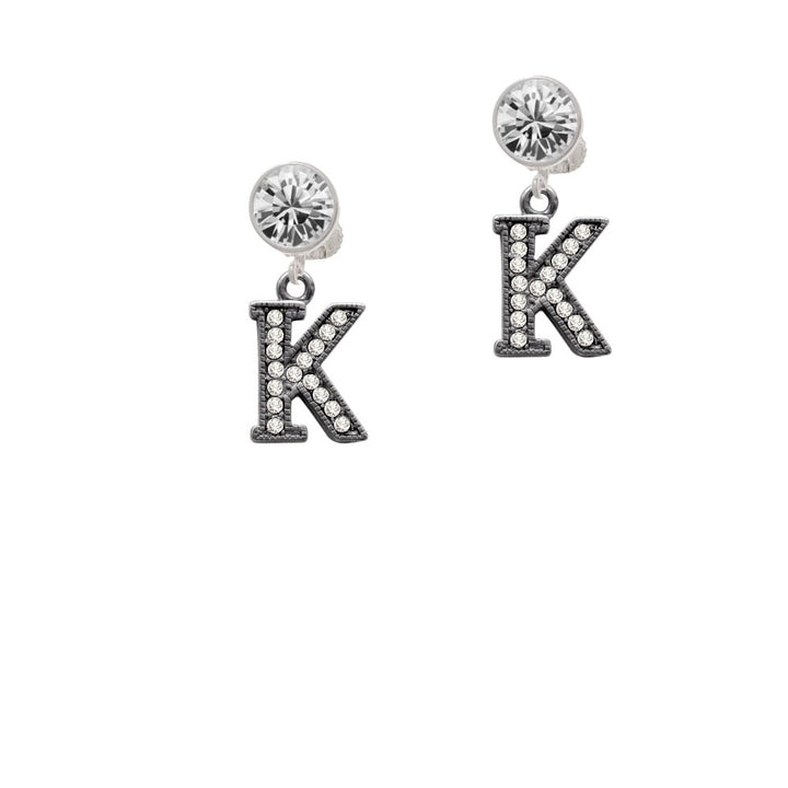 Crystal Black Initial - K - Beaded Border - Crystal Clip On Earrings Image 1