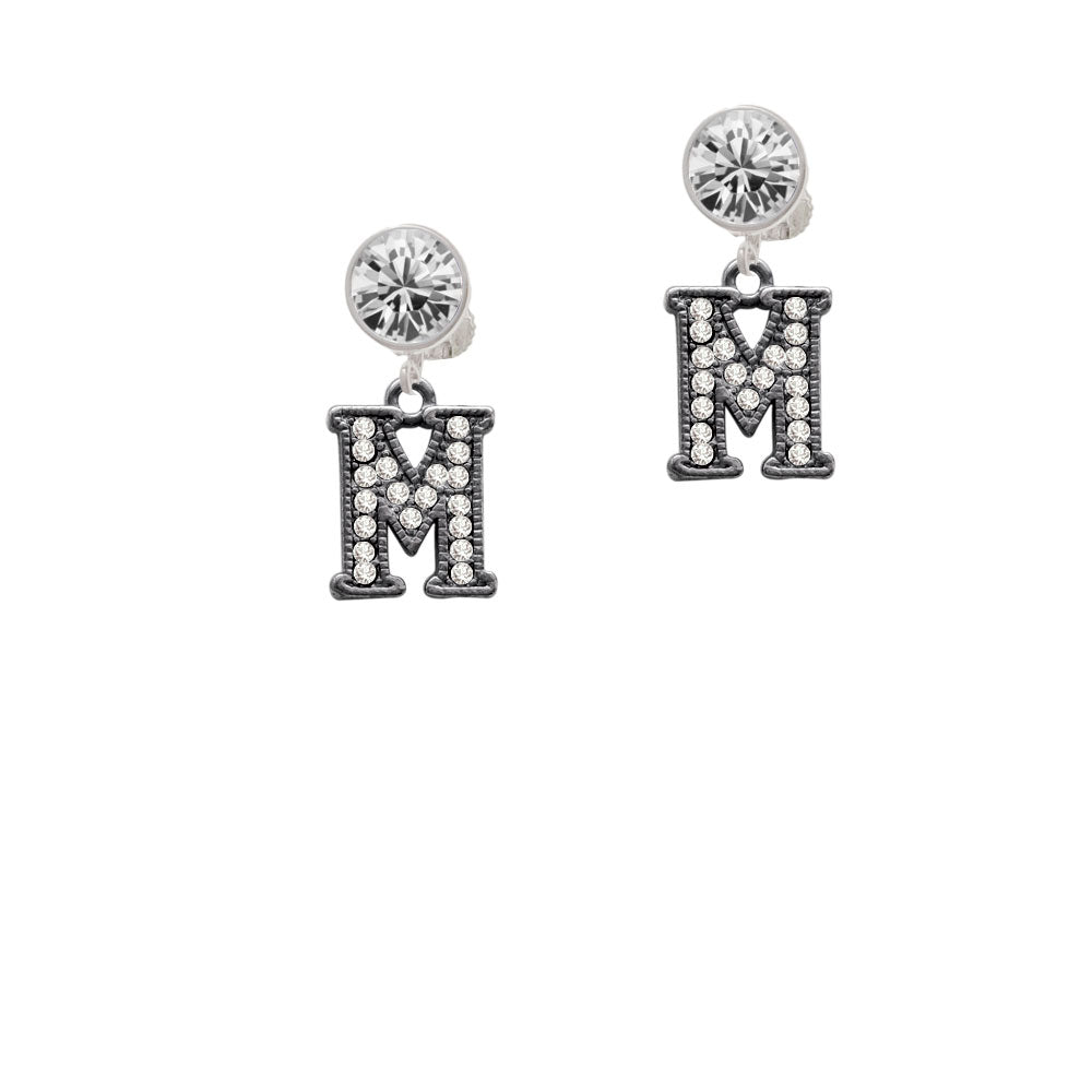 Crystal Black Initial - M - Beaded Border - Crystal Clip On Earrings Image 2