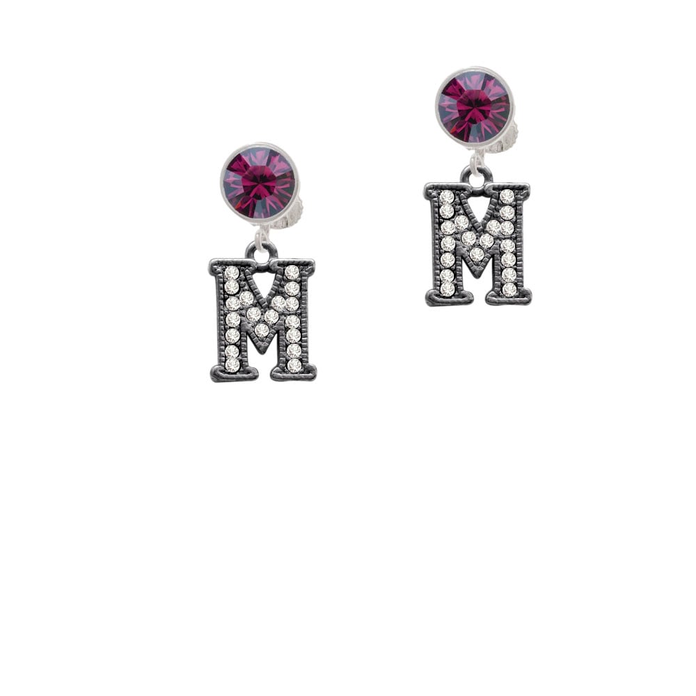 Crystal Black Initial - M - Beaded Border - Crystal Clip On Earrings Image 1