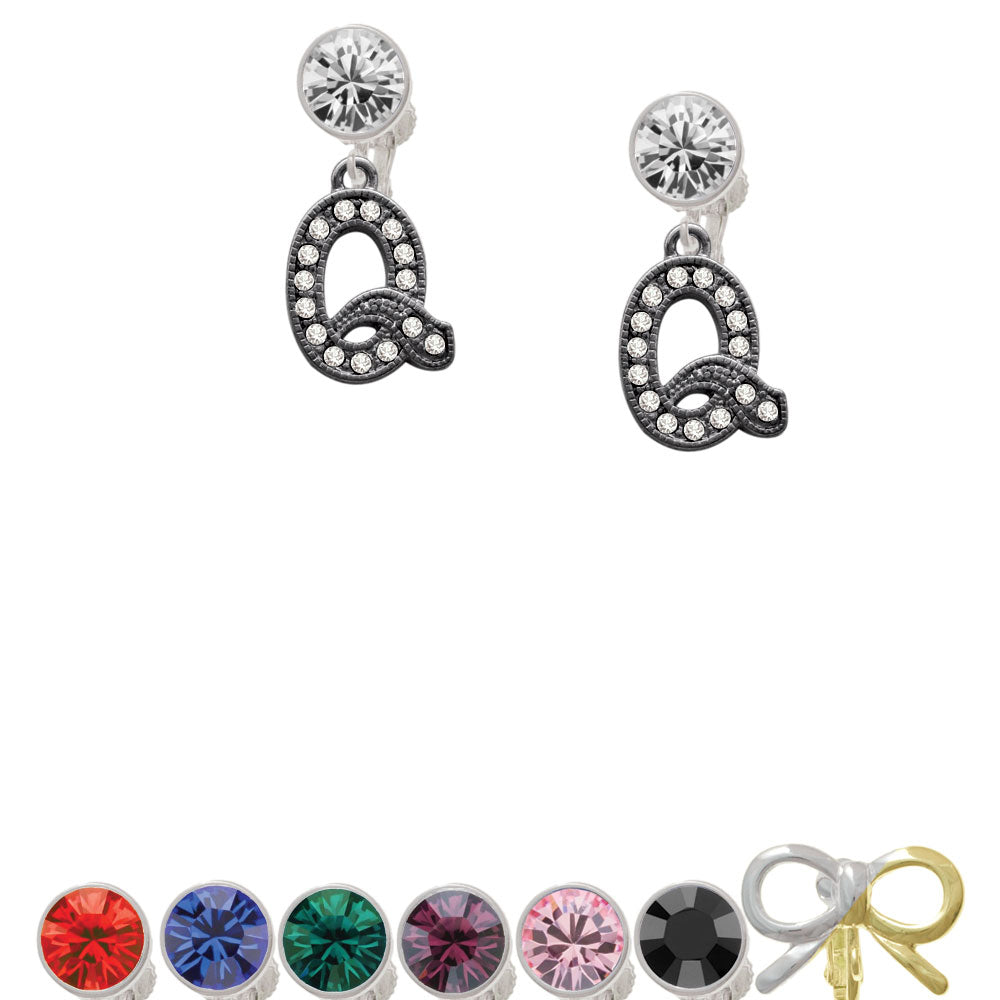 Crystal Black Initial - Q - Beaded Border - Crystal Clip On Earrings Image 1