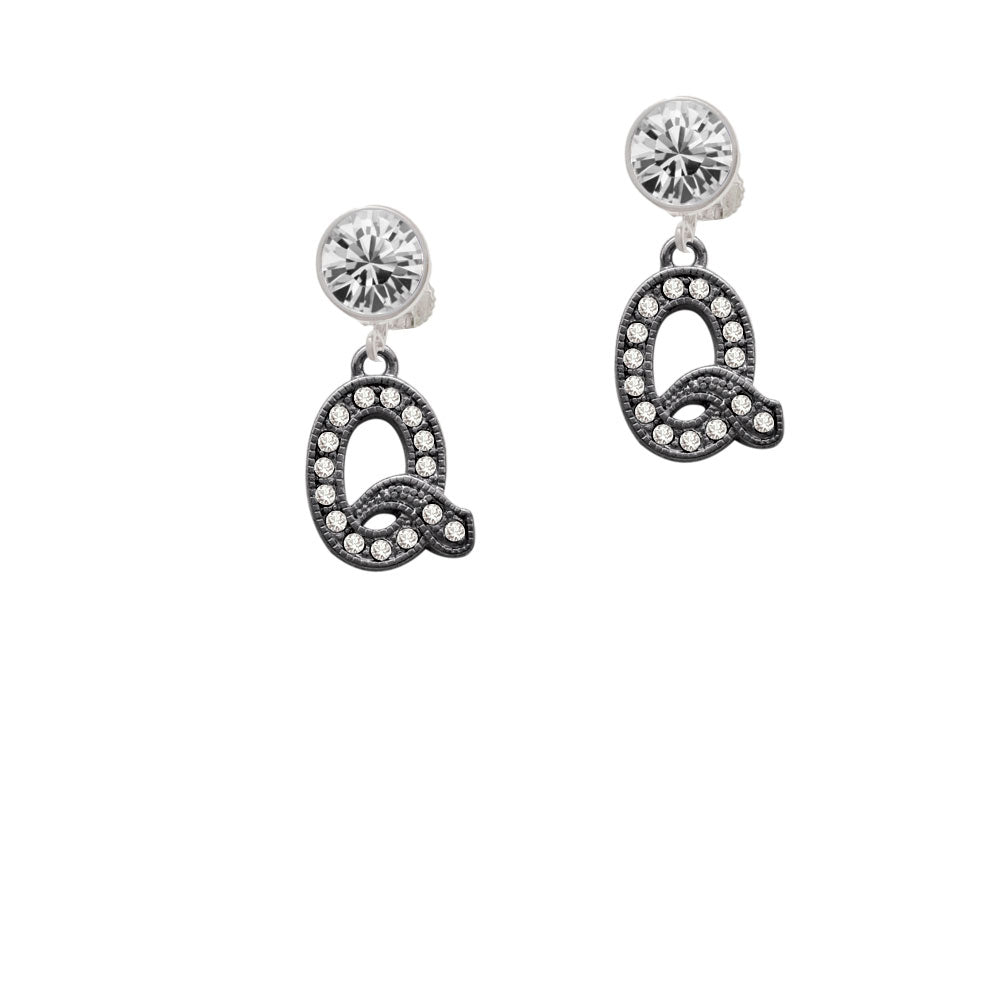 Crystal Black Initial - Q - Beaded Border - Crystal Clip On Earrings Image 2