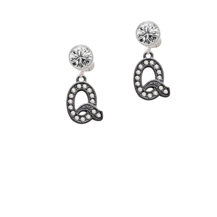 Crystal Black Initial - Q - Beaded Border - Crystal Clip On Earrings Image 1