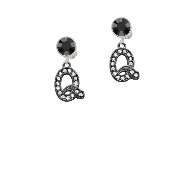 Crystal Black Initial - Q - Beaded Border - Crystal Clip On Earrings Image 3