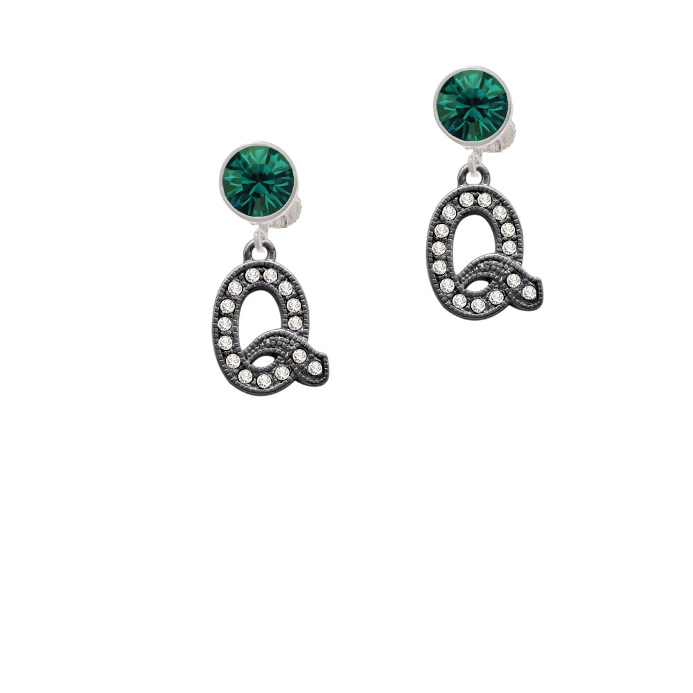 Crystal Black Initial - Q - Beaded Border - Crystal Clip On Earrings Image 6