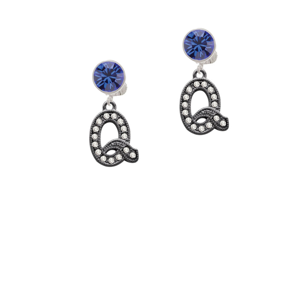 Crystal Black Initial - Q - Beaded Border - Crystal Clip On Earrings Image 7