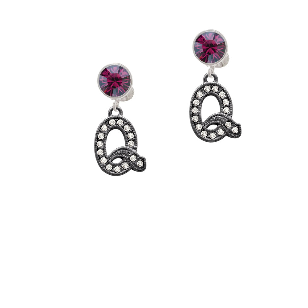 Crystal Black Initial - Q - Beaded Border - Crystal Clip On Earrings Image 8