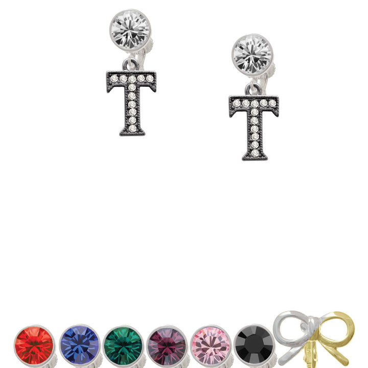 Crystal Black Initial - T - Beaded Border - Crystal Clip On Earrings Image 1