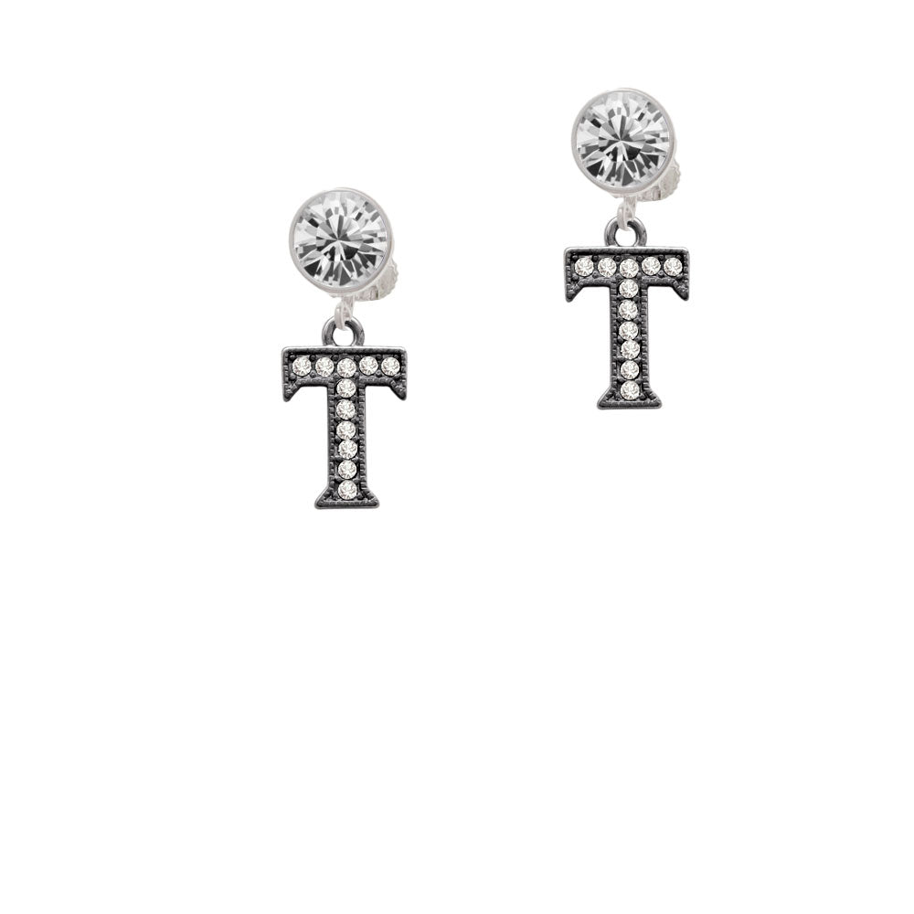 Crystal Black Initial - T - Beaded Border - Crystal Clip On Earrings Image 2