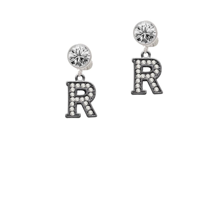 Crystal Black Initial - R - Beaded Border - Crystal Clip On Earrings Image 1