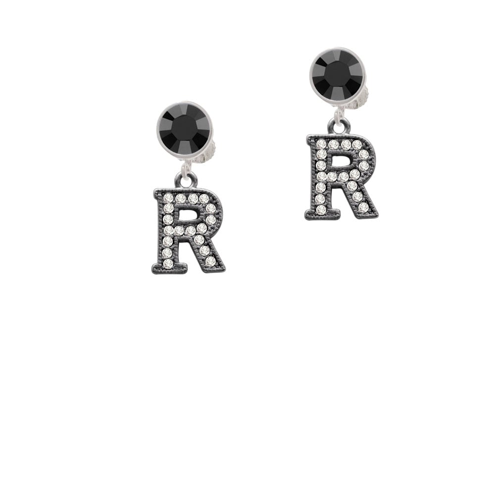 Crystal Black Initial - R - Beaded Border - Crystal Clip On Earrings Image 1